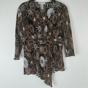 Dress Barn Top Size Medium Brown Y2K  Babydoll Hippie Asymmetrical Floral